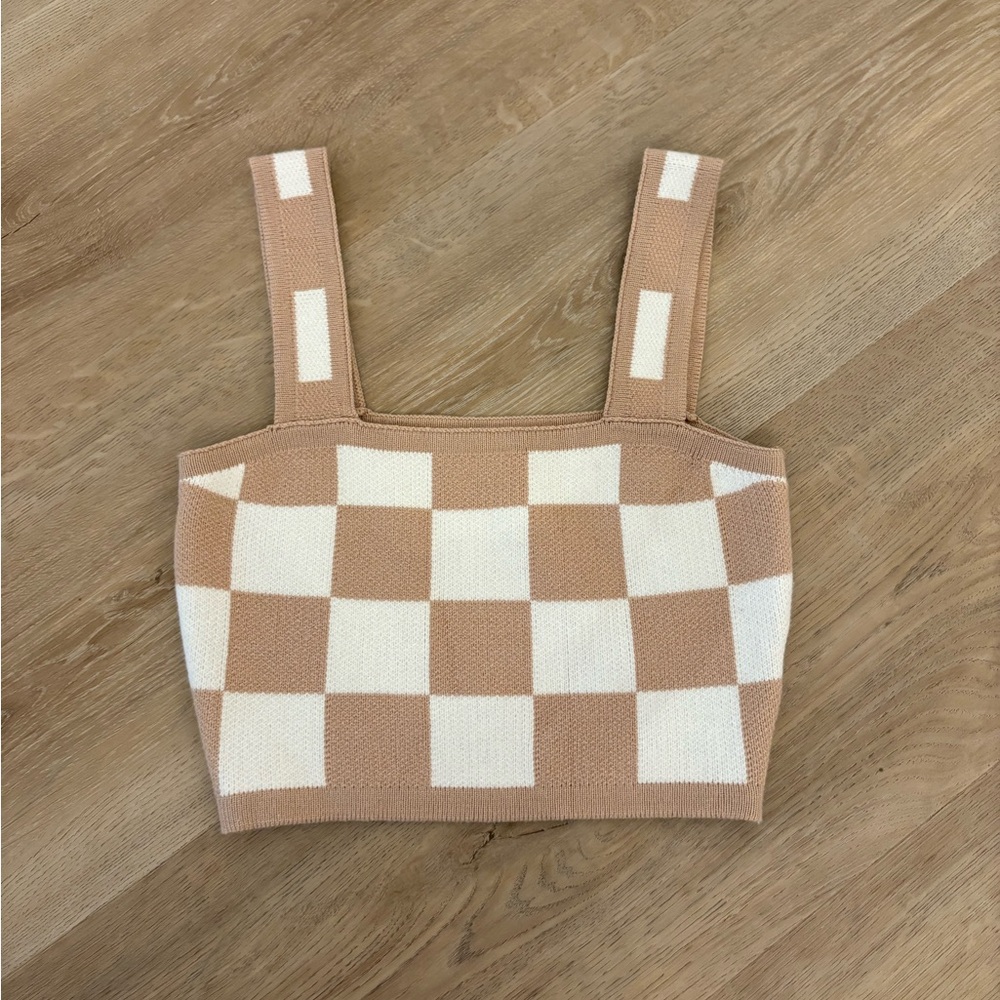 Checkered Tan and White Women's Top
